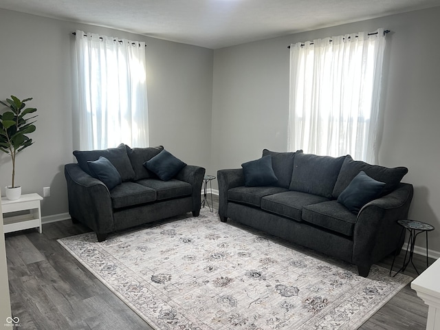 living area with a wealth of natural light, dark wood-type flooring, and baseboards