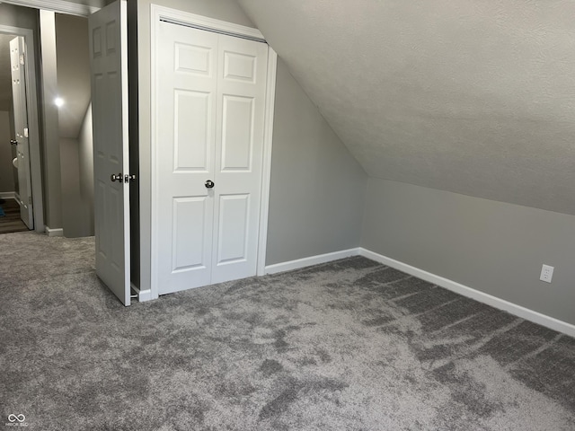 additional living space with baseboards, a textured ceiling, and carpet flooring