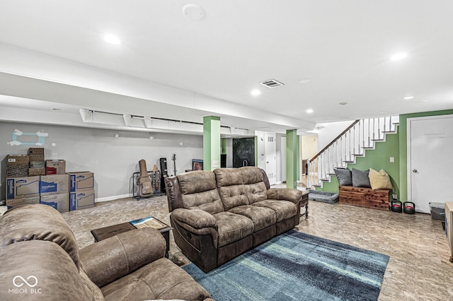 living room featuring stairs, recessed lighting, visible vents, and baseboards