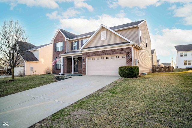 traditional-style house featuring a garage, driveway, brick siding, and a front lawn