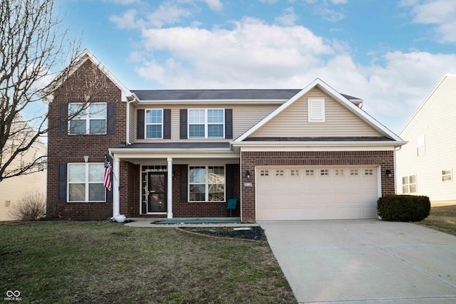 traditional-style home featuring driveway, a porch, a front yard, an attached garage, and brick siding