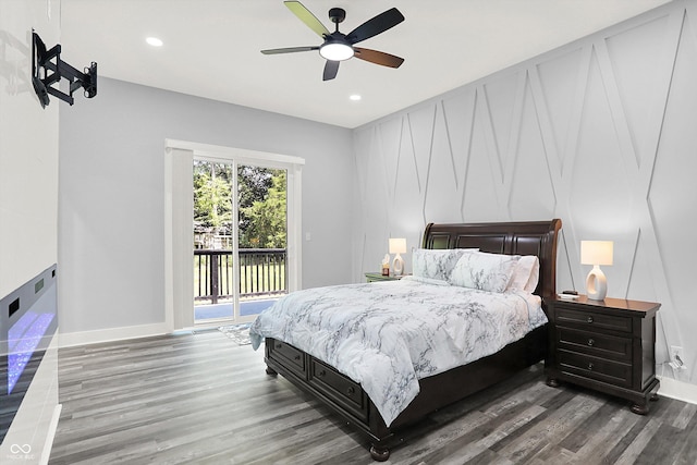 bedroom with recessed lighting, baseboards, wood finished floors, and access to exterior