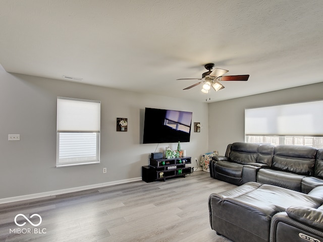 living area with light wood finished floors, visible vents, baseboards, and ceiling fan