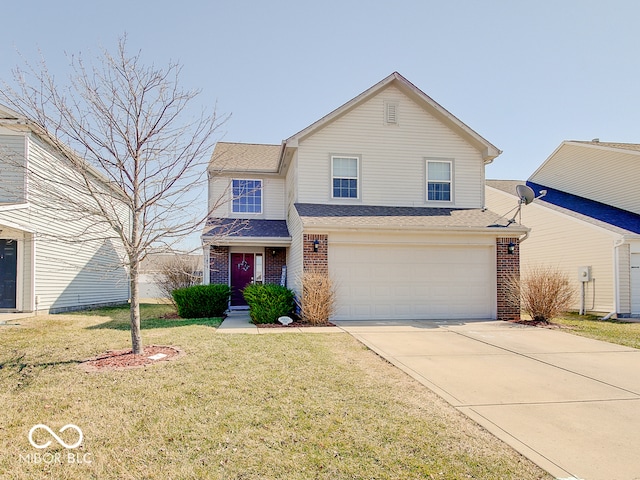 traditional-style home with brick siding, concrete driveway, roof with shingles, a front yard, and a garage