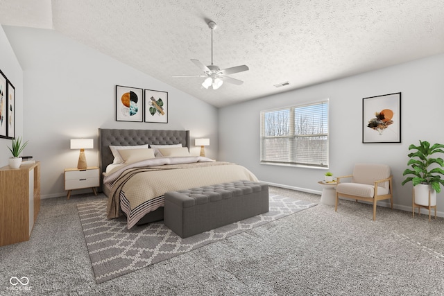 carpeted bedroom featuring visible vents, a textured ceiling, baseboards, ceiling fan, and vaulted ceiling