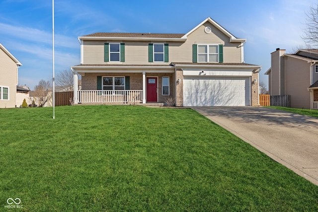 view of front of property with a front yard, covered porch, concrete driveway, a garage, and brick siding