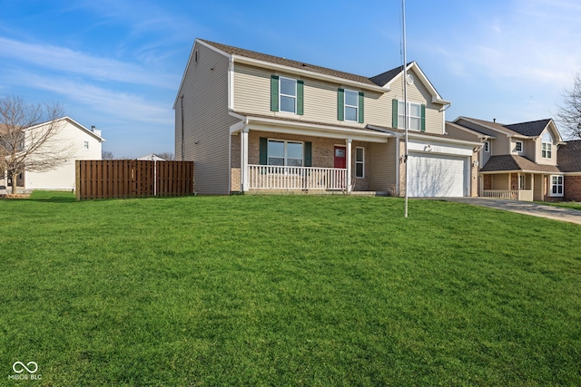 view of front of house with driveway, a porch, fence, an attached garage, and a front yard