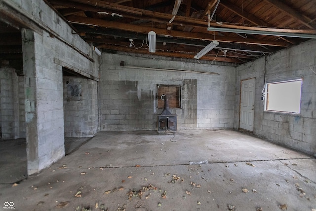 basement with a wood stove