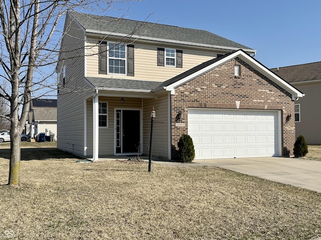 traditional home featuring concrete driveway, a garage, brick siding, and roof with shingles