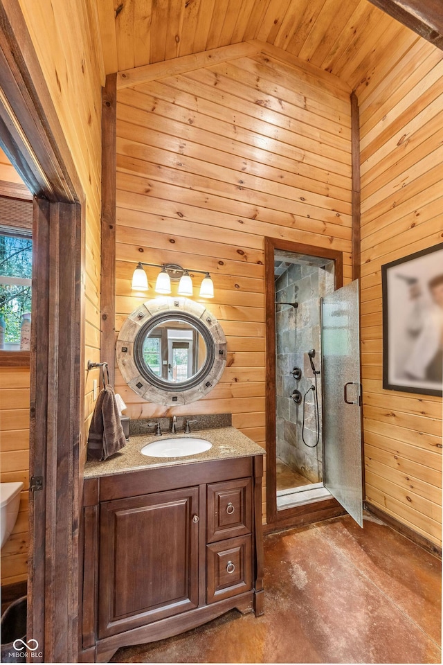 full bath with wooden ceiling, a stall shower, wood walls, and concrete flooring
