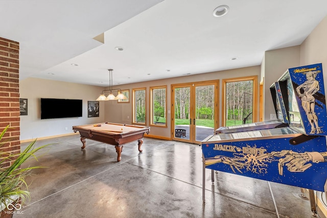 recreation room featuring billiards, french doors, finished concrete flooring, baseboards, and recessed lighting