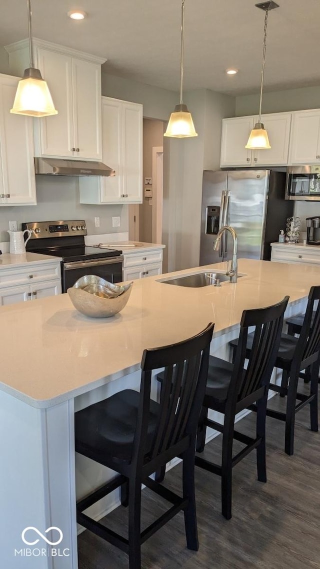 kitchen featuring under cabinet range hood, an island with sink, appliances with stainless steel finishes, white cabinets, and a sink