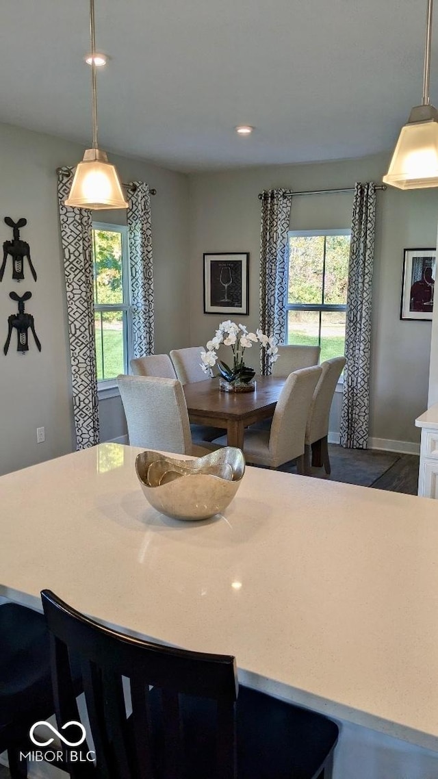 dining room with a wealth of natural light, recessed lighting, baseboards, and wood finished floors