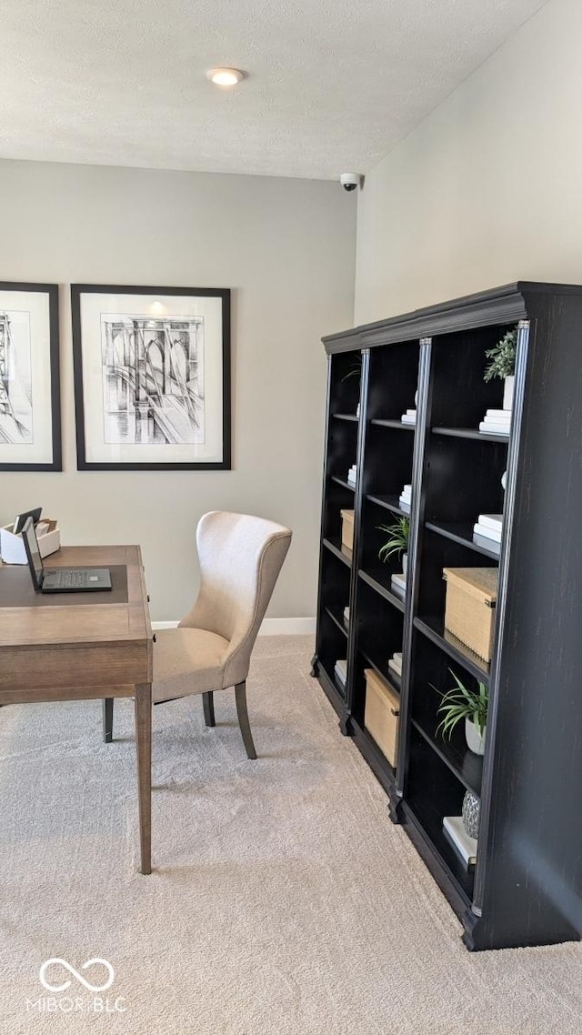 office area with a textured ceiling, baseboards, and carpet floors