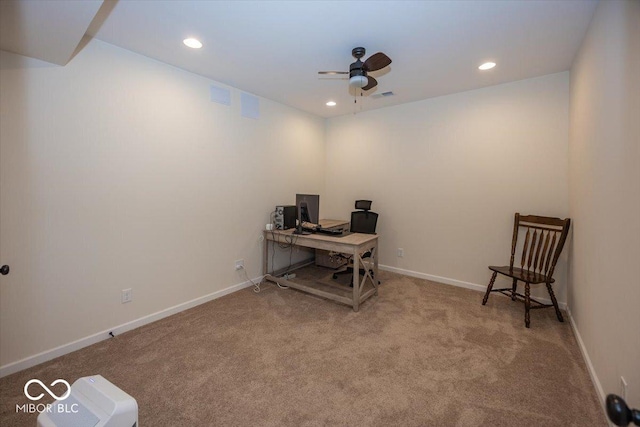 office featuring visible vents, recessed lighting, baseboards, and ceiling fan