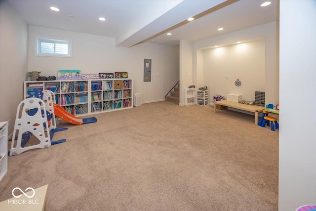 game room featuring electric panel, carpet, and recessed lighting