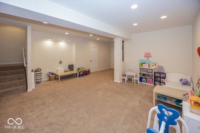 playroom with carpet flooring, recessed lighting, and baseboards