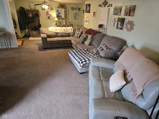 living room with a ceiling fan and carpet floors