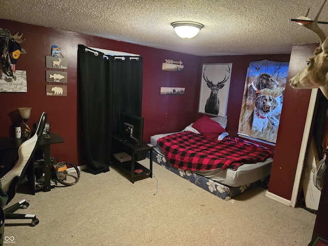 carpeted bedroom with a textured ceiling