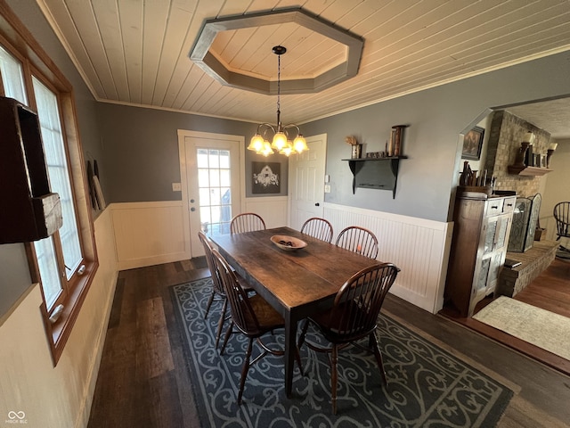 dining room featuring dark wood finished floors, an inviting chandelier, wood ceiling, wainscoting, and crown molding