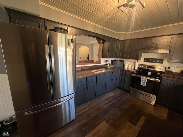 kitchen with dark wood-style flooring, crown molding, appliances with stainless steel finishes, dark countertops, and wooden ceiling