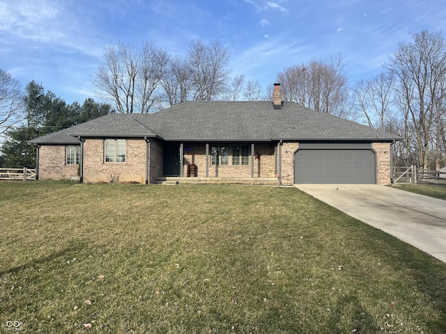 single story home with concrete driveway, fence, a front lawn, and a chimney