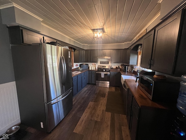 kitchen featuring a wainscoted wall, stainless steel appliances, crown molding, wood ceiling, and dark wood-style flooring