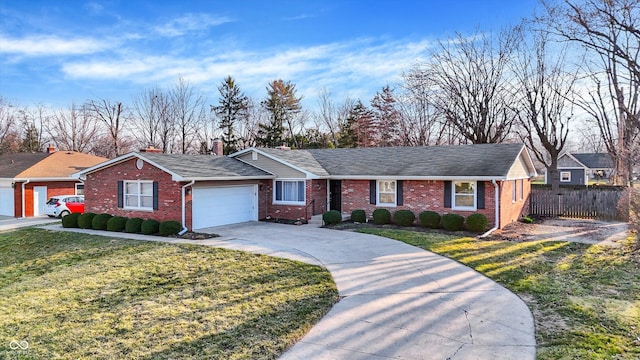 ranch-style home featuring brick siding, an attached garage, a front lawn, fence, and driveway