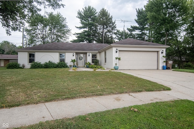 ranch-style home featuring concrete driveway, an attached garage, and a front lawn