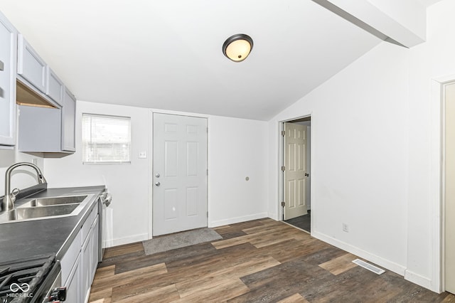 kitchen featuring visible vents, dark wood-type flooring, lofted ceiling, appliances with stainless steel finishes, and a sink