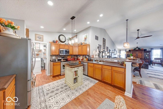 kitchen with a peninsula, a sink, ceiling fan, stainless steel appliances, and open floor plan