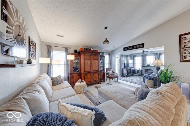 living area with plenty of natural light, visible vents, a textured ceiling, and lofted ceiling