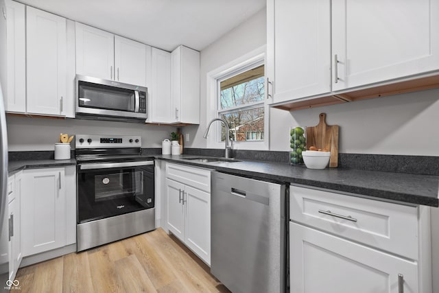 kitchen featuring a sink, light wood-type flooring, white cabinetry, and stainless steel appliances