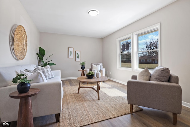 living area featuring wood finished floors and baseboards