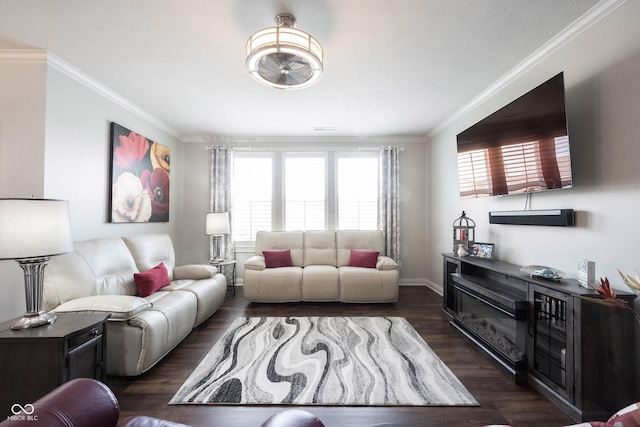 living area with ornamental molding and dark wood-style flooring