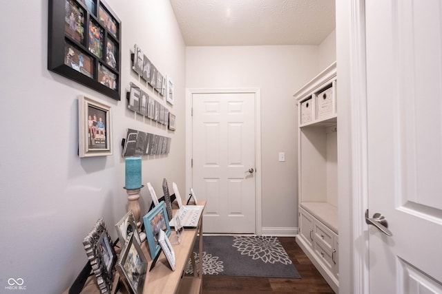 mudroom featuring baseboards, a textured ceiling, and dark wood-style flooring