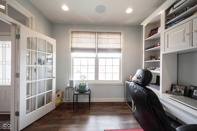 office space featuring recessed lighting, dark wood-type flooring, and baseboards