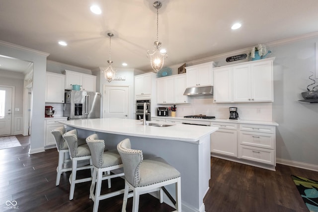 kitchen with an island with sink, a sink, decorative backsplash, stainless steel appliances, and under cabinet range hood