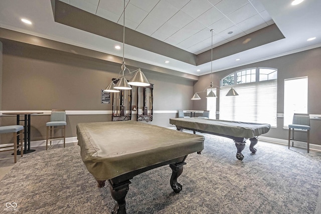 rec room featuring baseboards, a tray ceiling, recessed lighting, ornamental molding, and pool table