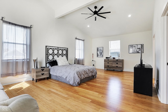 1209 N Rural St, Indianapolis, IN 46201 - bedroom featuring baseboards, light wood-type flooring, beam ceiling, recessed lighting, and high vaulted ceiling