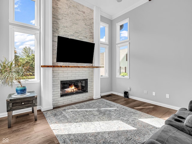 living room with baseboards, a large fireplace, wood finished floors, and crown molding