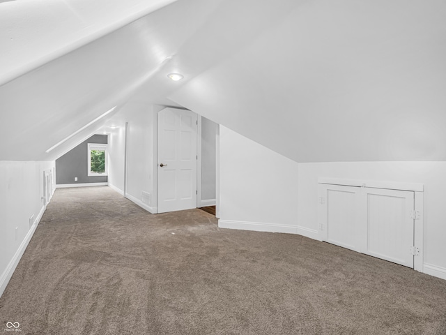 additional living space with carpet flooring, baseboards, and lofted ceiling