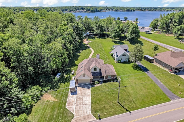 bird's eye view with a water view