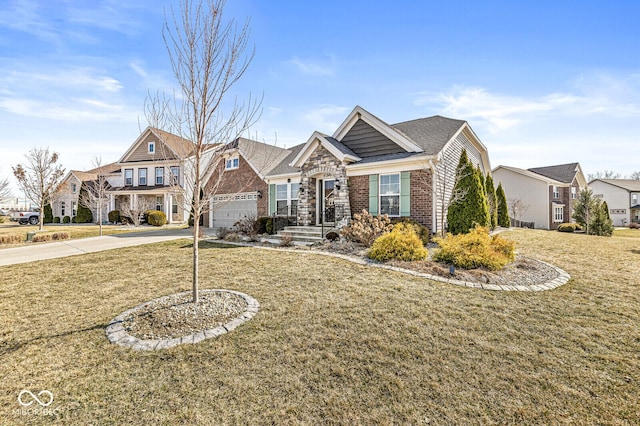 view of front of property featuring brick siding, a residential view, driveway, and a front yard