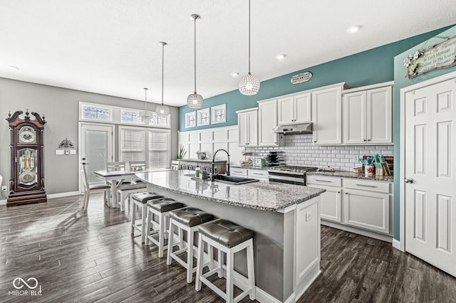 kitchen featuring under cabinet range hood, decorative backsplash, dark wood-style floors, stainless steel gas stove, and a sink