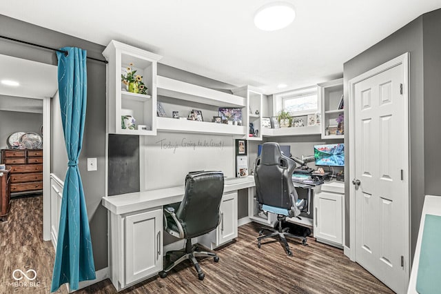 office space featuring dark wood-style flooring and built in study area