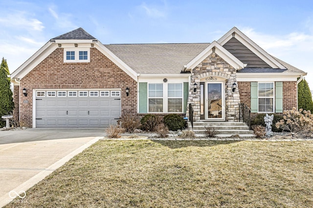 view of front of property featuring concrete driveway, brick siding, a front yard, and roof with shingles