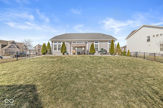 rear view of house featuring a fenced backyard, a patio area, a pergola, and a yard