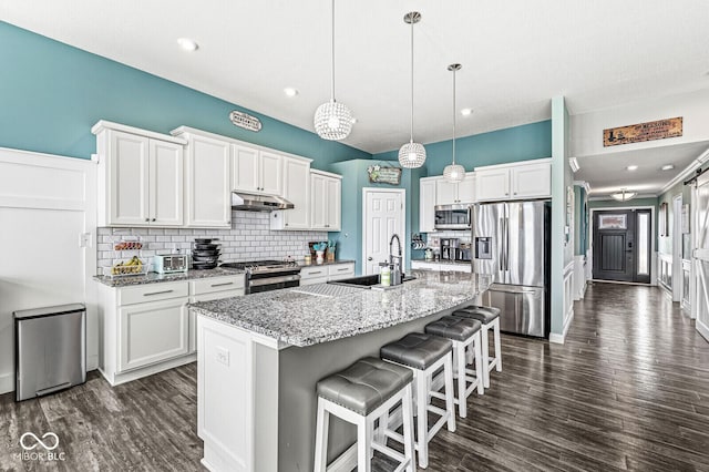 kitchen featuring a center island with sink, under cabinet range hood, a sink, tasteful backsplash, and appliances with stainless steel finishes