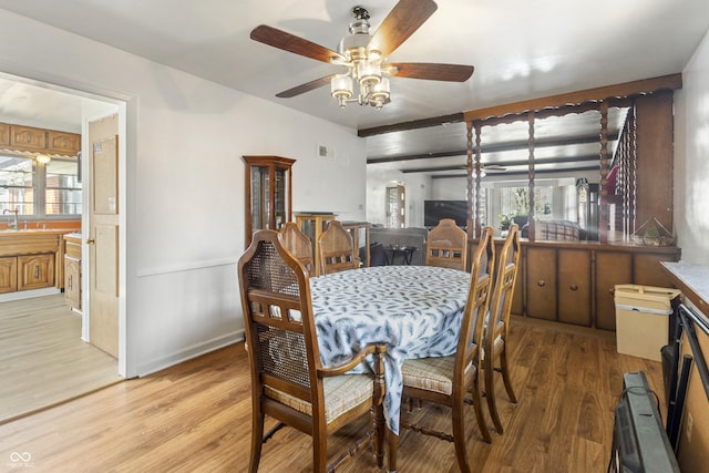 dining space featuring a healthy amount of sunlight, ceiling fan, and light wood finished floors